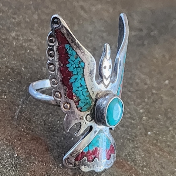 Sterling Silver Native American Turquoise Red Inlay Bird Ring Sz 8 Women Jewelry - Picture 3 of 7